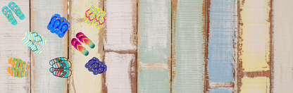 Location Customizable Mini Shelf Sitter - Beach Backgrounds FLIP FLOPS ON PASTEL STRIPE