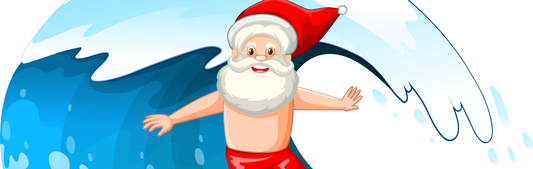 Location Customizable Mini Shelf Sitter - Christmas Backgrounds SURFING SANTA