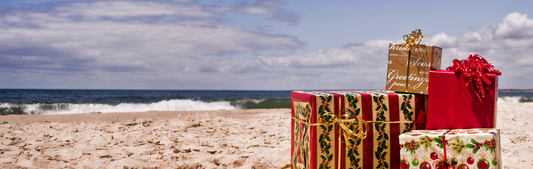 Location Customizable Mini Shelf Sitter - Christmas Backgrounds PRESENTS ON THE BEACH