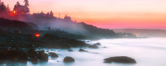Location Customizable Magnet - Island Backgrounds ROCKY COAST WITH HOUSES ON HILL