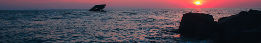 Location Customizable Shelf Sitters - Beach Backgrounds SUNSET OVER WATER WITH ROCKS